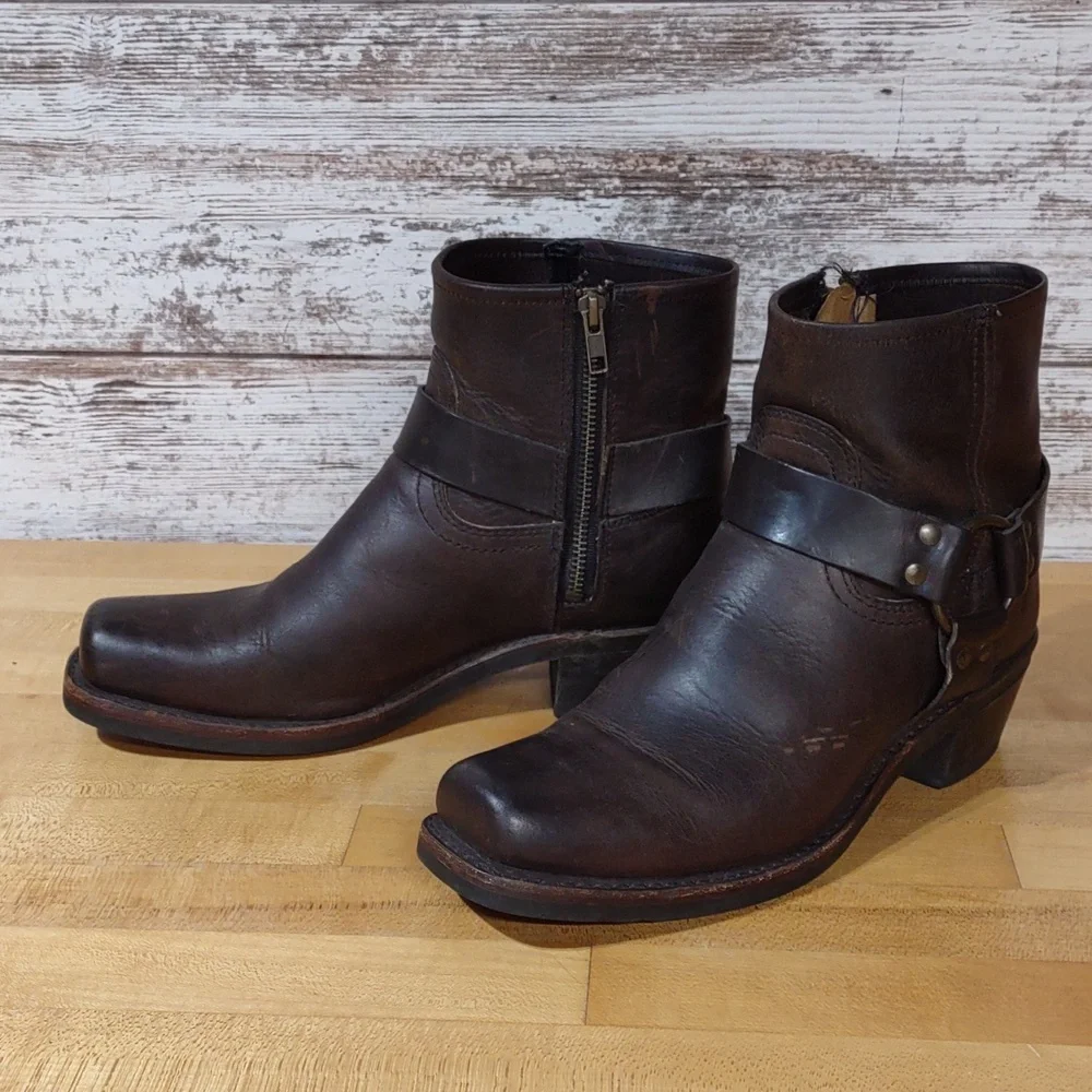 Frye Dark Brown Leather Harness Ankle Booties